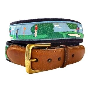 Vintage Torino Golf  Mens Brown Leather Ribbon Belt Size 34 Blue Made in USA